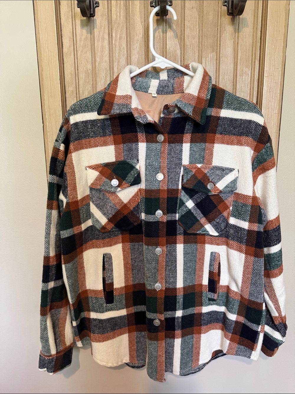 Cozy Plaid Button-Up Shacket in Cream, Rust & Forest Green and Blue